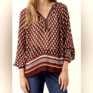 Part Two Ketta Floral V Neck Blouse Burgundy sheer boho print cuff holidays 6